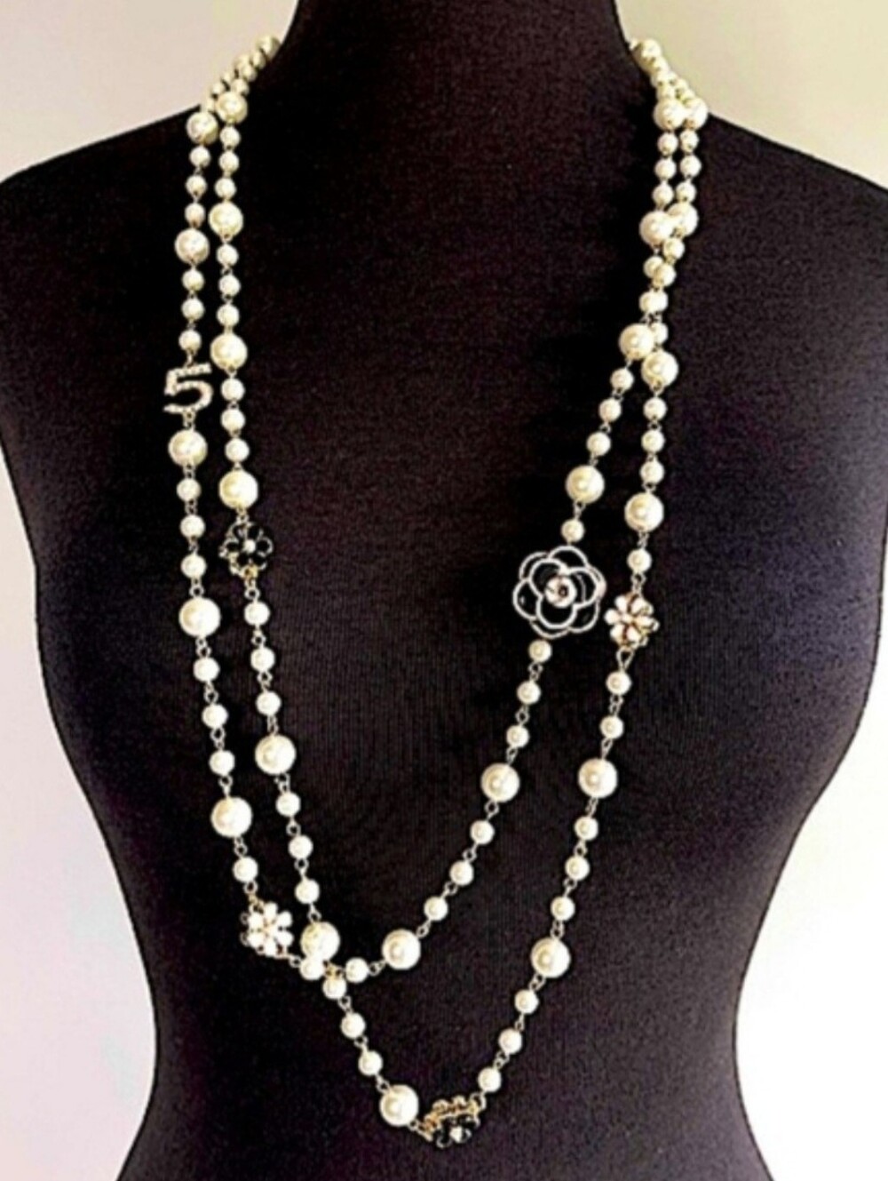 Long Faux Pearl Necklace with Camellia and Logo Accents in Pearl White